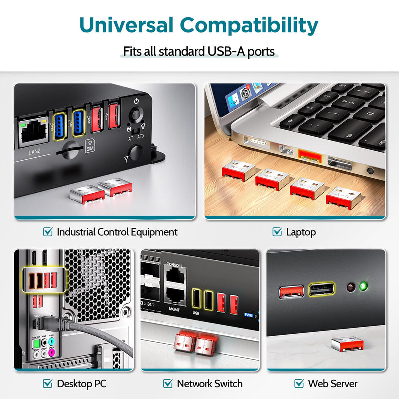 USB-A Port Locks 100-Pack 10 Keys Dust-Proof&Physical Security Red | PHYSICAL SECURITY Insert, Dual-keyhole Damage-free Removal, Dust&Waterproof, for Server Rack, Data Center, IT Enterprise