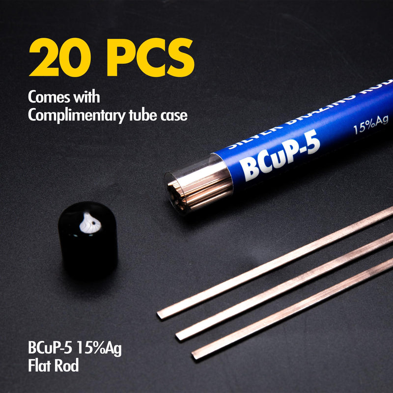 20 Sticks Brazing Rods Bcup-5 15% Silver Solder Phos Copper Brazing Alloys Flat Welding Rods Industry 0.050" x 1/8" x 14" for Air Conditioning Refrigerator Cold Storage HVAC Units