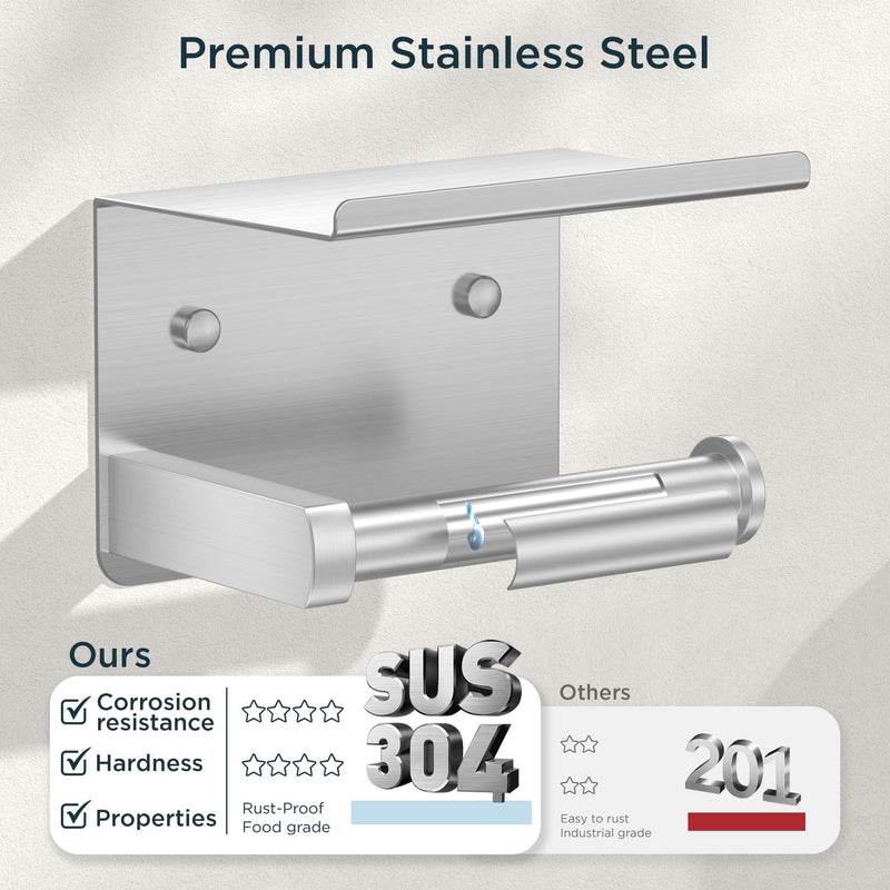 FORIOUS Toilet Paper Holder with Shelf, Adhesive or Screw Wall Mount Toilet Roll Holder for Bathroom, Rustproof 304 Stainless Steel Commercial Toilet Tissue Holder with Storage, Brushed Nickel 1