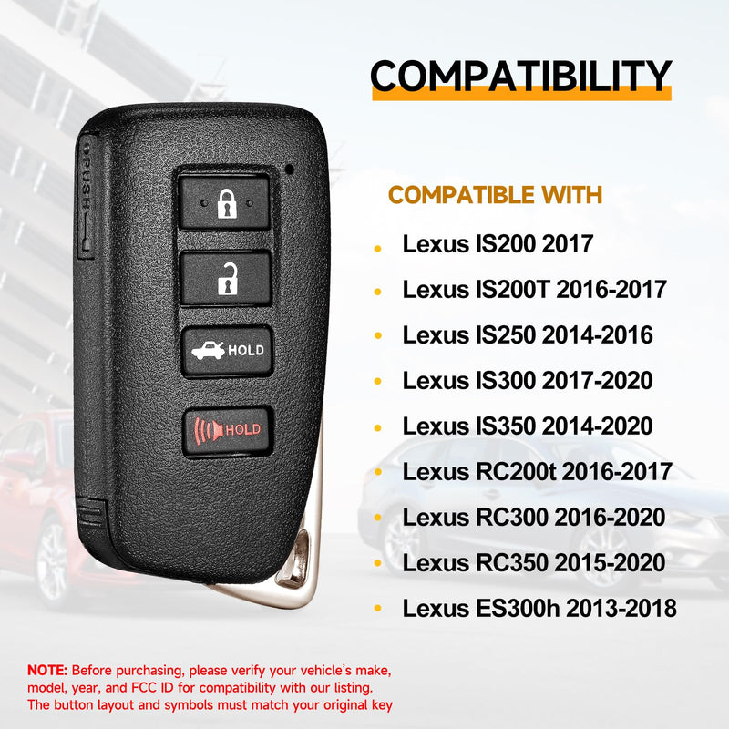Smart Key Fob Replacement Fits for Lexus IS200 2017 IS200T RC200t 16-17 IS250 14-16 IS300 17-20 IS350 14-20 RC300 16-20 RC350 15-20 ES300h 13-18 Car Keyless Entry Remote HYQ14FBA 281451-2020 315MHz