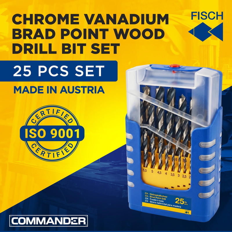Fisch Brad Point Drill Bit Set, 25-Piece Chrome Vanadium Wood Drill Bits, Sizes from 1mm - 13mm" FSF-364740 1mm - 13mm"