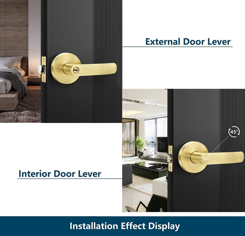 Leydebong 1 Pack Door Knobs with Keys, Entry Door Handles Light Satin Brass, Bedroom Bathroom Front Door Handle with Keys, Keyed Alike Door Levers for Interior Exterior Use, Round Modern Door Handles Keyed Entrance-Keyed Alike