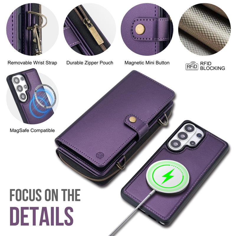 for Samsung Galaxy S26 Ultra Detachable Wallet MagSafe Case, Purple | PU Leather,RFID Blocking,Zipper Purse,11 Card Slots,Crossbody Strap,Kickstand,Shockproof,Flip Cover,Magnetic 3in1 Phone Case