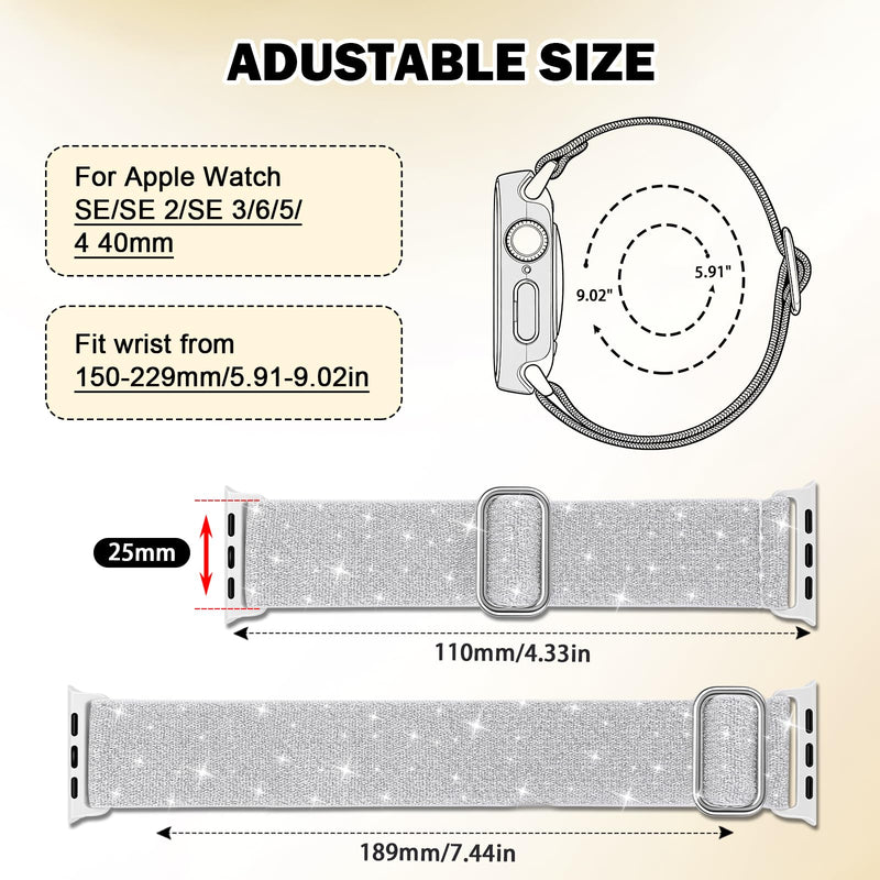 Bling Rhinestone Screen Protector Case Band for Apple Watch S11/10/SE/Ultra | riwoauoo 3-in-1 Glitter Diamond Hard PC Cover Built-inTempered Glass Film Nylon Sport Strap Women for iWatch 40/44/42/46/49mm Silver 40mm for SE 3/SE 2/SE/6/5/4