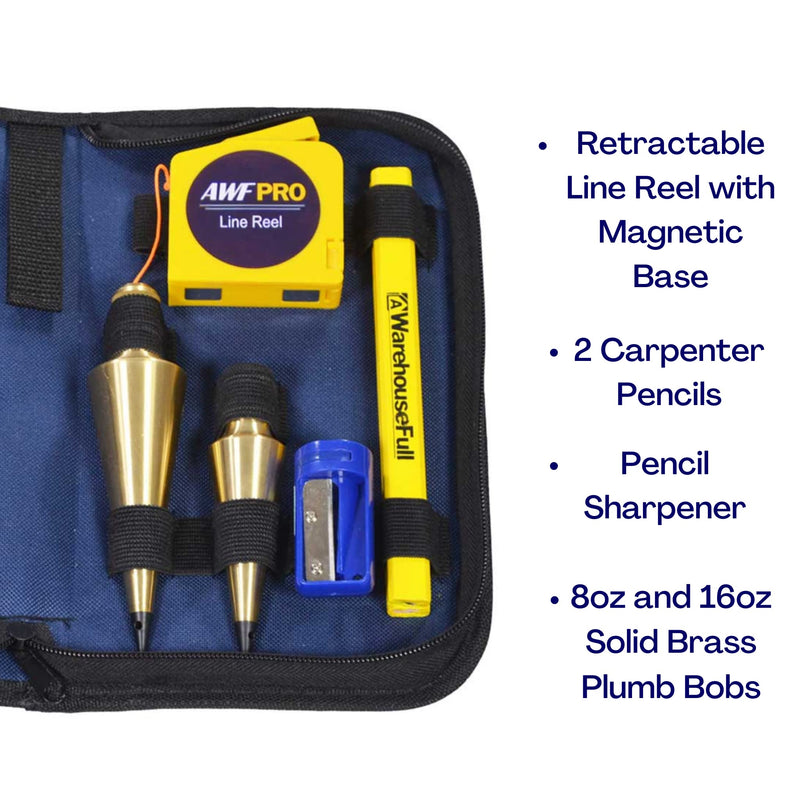 AWF PRO Plumb Bob Kit - 16 oz and 8 oz Solid Brass Plumb Bobs, 14 ft Retractable Line Reel with Magnetic Base, 2 Pencils, Pencil Sharpener, Carrying Case 1