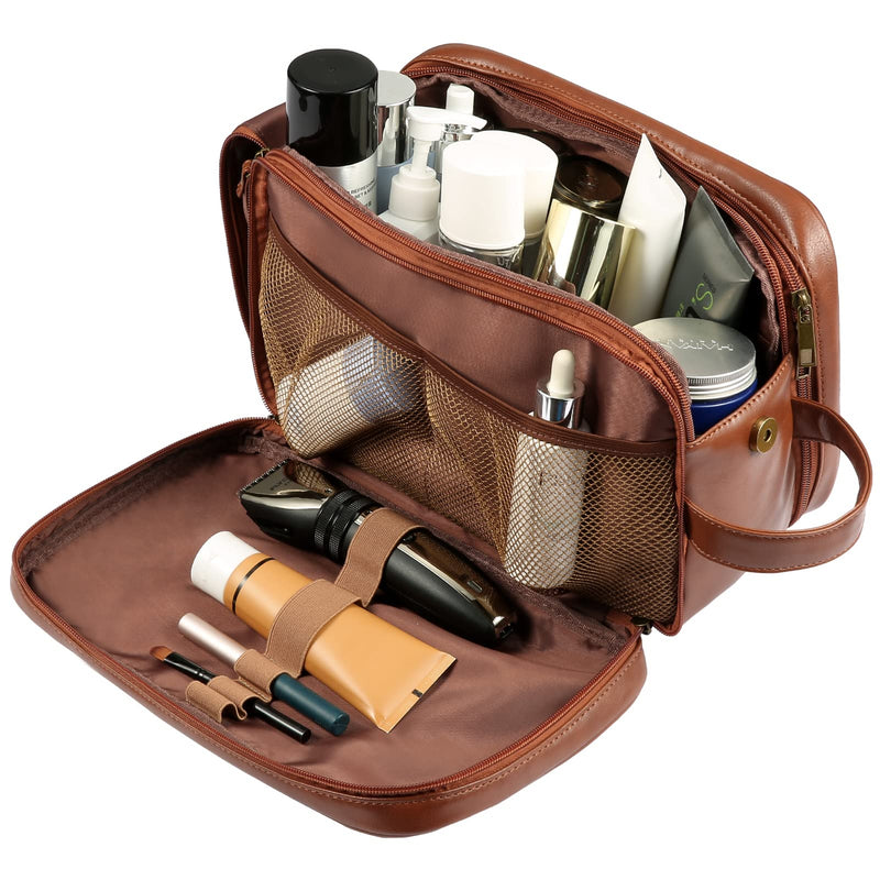 Personalized Leather Travel Toiletry Bag for Men, Large Travel Bathroom Shaving Dopp Kit, Large Cosmetic Bag Waterproof Brown