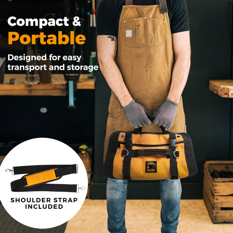Soil & Sun Heavy Duty Tool Roll Bag Organizer - Travel roll up tool bag with 6 Zip Organizer Pouches - Compact Portable Tool Bags for Men, Contractors, Plumbers, Electricians - Man Gifts for Dad