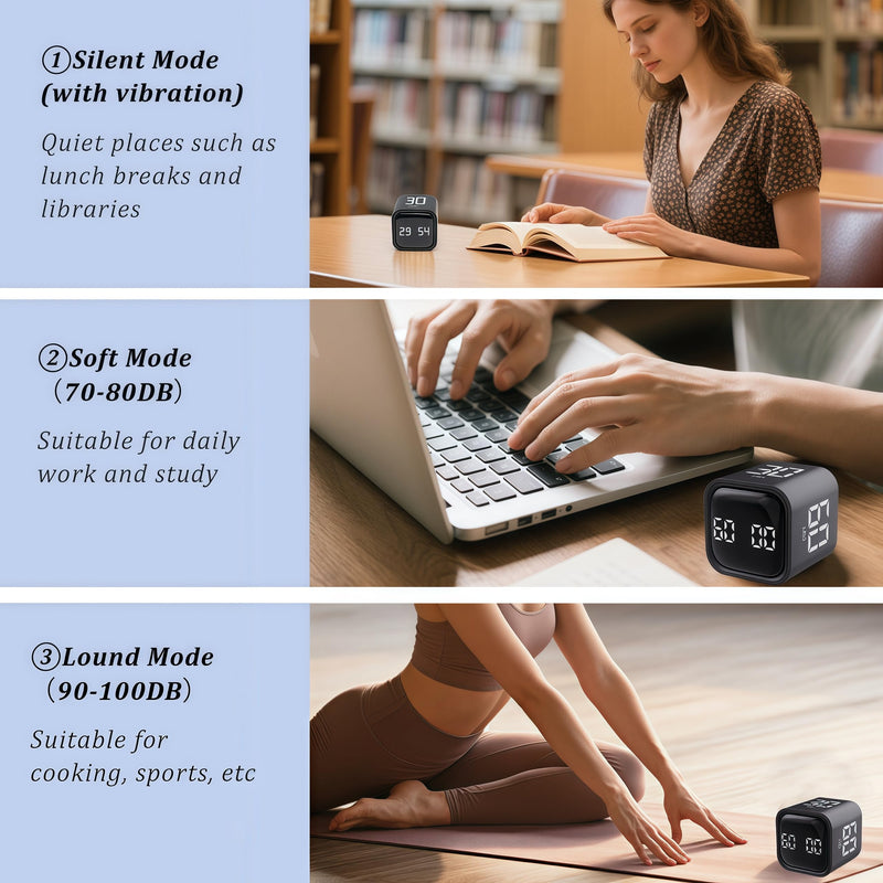 2Pcs Rotating Pomodoro Timer 5,10,30, 60 Minutes Preset,Desk Productivity Flip Timer, Visual Cube Countdown Stopwatch,Custom Modes/Vibration/High/Low Volume,ADHD Timers, for Study, Work, Kitchen Black-2pcs