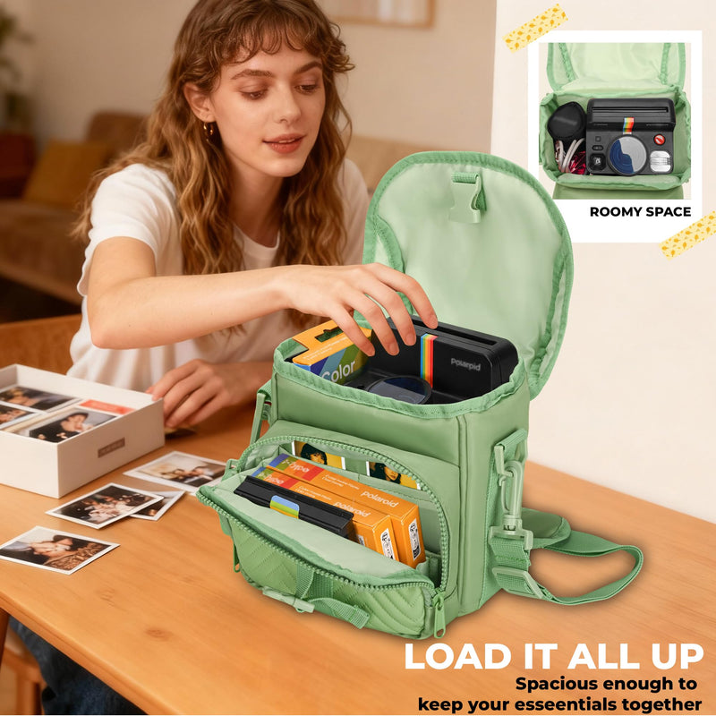 Camera Case for Polaroid Now 3rd/2nd Gen with Photo Display Window | Instant Camera Sling Bag with Clear Display Window, ilted Front Pocket, 8mm Padding, Top Handle and Adjustable Strap, Green