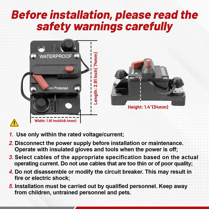 RED WOLF 40 AMP Car Circuit Breaker w/Manual Reset Switch Inline Fuse Holder Inverter for Motor Trolling Vehicles Audio Radio Solar System Protection 12V-48V DC with Wire Lugs Copper Washer Screws
