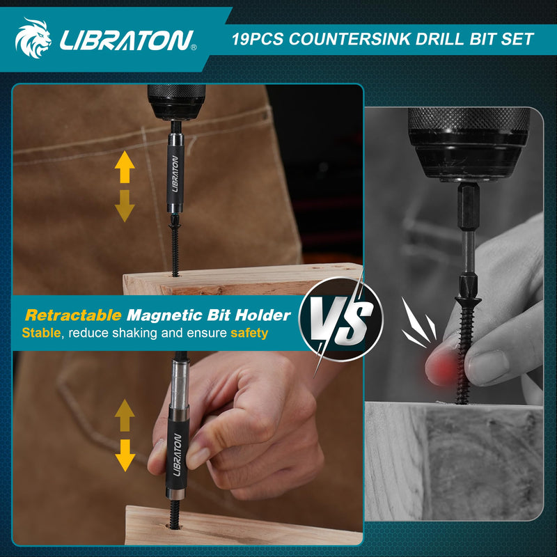 Libraton Countersink Drill Bit Set, 19 PCS Tapered Drill Bits for Woodworking, Counter Sink Drill Bit Wood Plug Cutter Extendable Bit Holder 1/4" Hex Shank Screwdriver Bits with Storage Case