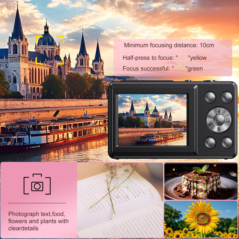 Digital Camera Dual Screen Kids Camera 4K 48MP with Autofocus & 16X Zoom, Internal Battery, 64GB SD Card Included | Portable Selfie Camera for Teens Children, Starter Vlogging Cameras Black