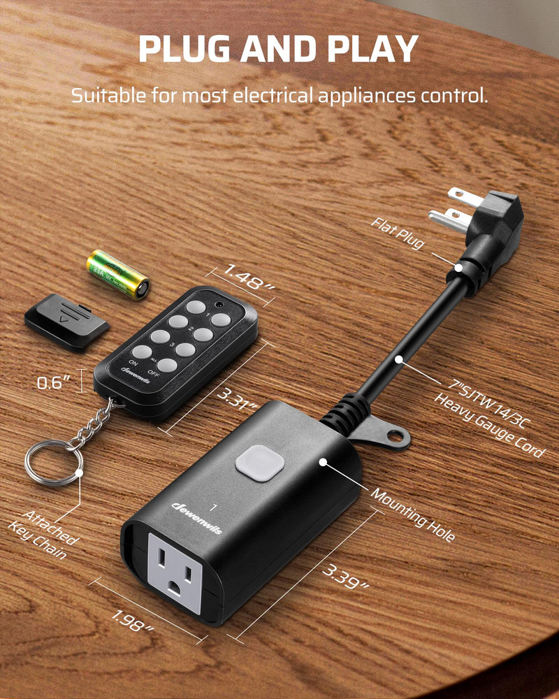 DEWENWILS Outdoor Remote Control Outlet, Weatherproof Heavy Duty 15A Wireless Remote Control Switch, 100FT Control Range, 2 Remotes & 3 Outlets (Battery Included) 2 Remote + 3 Outlet