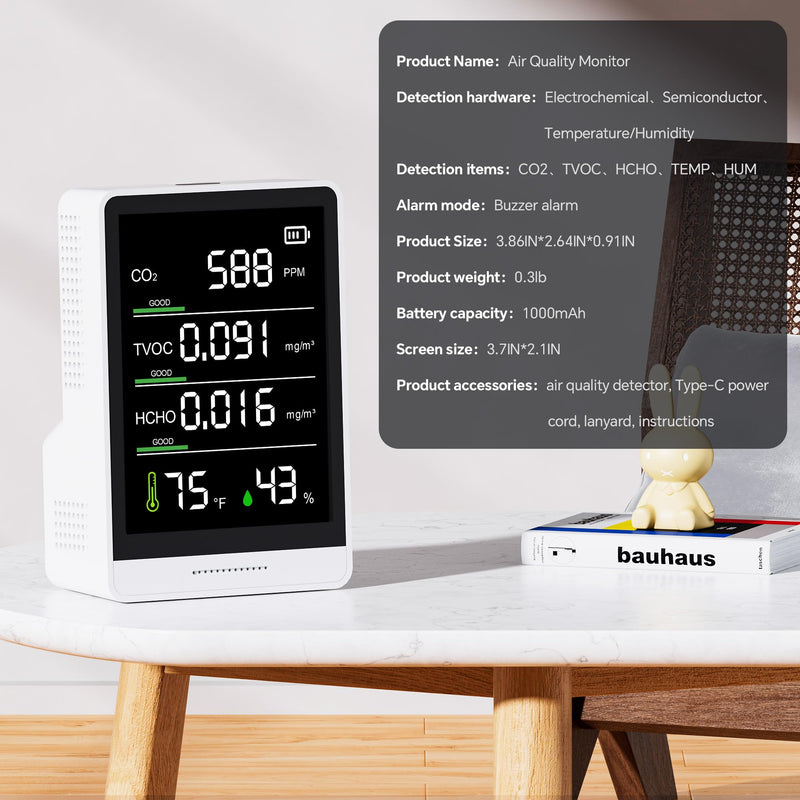 5-in-1 Professional Indoor Air Quality Monitor Indoor Portable CO2 Monitor | Temperature | Formaldehyde Detector | Humidity TVOC | Air Quality Tester - Confined Space Clean Air Monitor(Bright White)