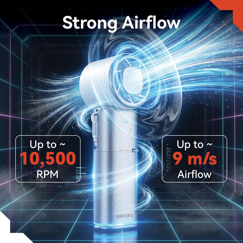 SEIGA Pro Metal Handheld Fan with Cooling Plate,9000mAh Power Bank | 10500 RPM Motor,100 Speeds,22.5W Fast Charging,Built-in USB-C Cable,Lanyard Included,LED Flashlight,Foldable Design