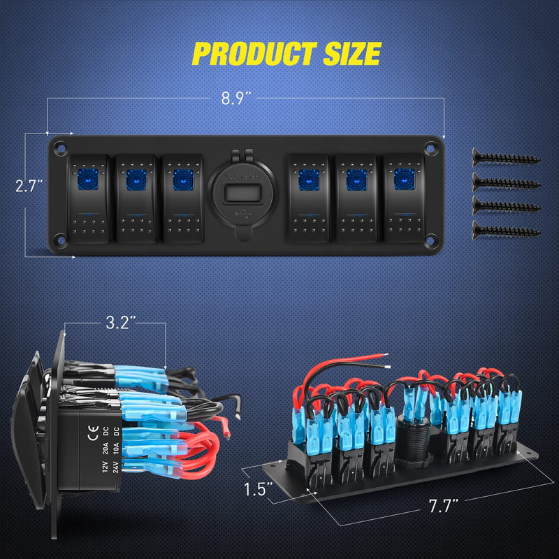 Nilight 6 Gang Rocker Switch 12V SPST ON Off Switch QC 3.0 USB Charger Voltmeter Waterproof Aluminum Rocker Switch Panel Night Glow Stickers for Boats Cars RVs Trucks, 2 Years Warranty,Blue Dual USB 6Gang Switch Blue