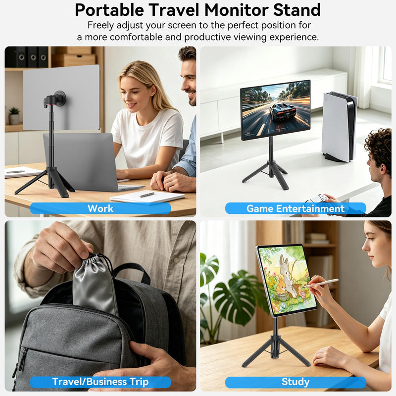 Portable Travel Monitor Stand for 4.7''-18.5'' Monitor /Tablet/iPad/Phone | 7.4''-20.7'' Height Adjustable Monitor Tripod Stand Holder, Foldable Magnetic Metal Monitor Mount up to 18.5'' Holds 4.4lb
