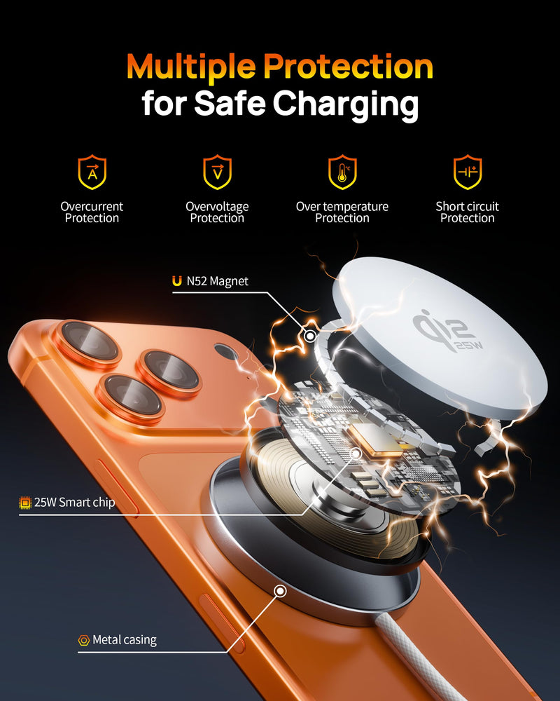 for MagSafe Charger,25W Qi2 6FT Magnetic Wireless Charger Fast Charging Pad | for iPhone 17 16 15 14 13 12 Pro Max, with 30W USB-C Adapter,Strong Magnet,Aluminum Alloy,Portable,Travel,Office,Bedside,Home