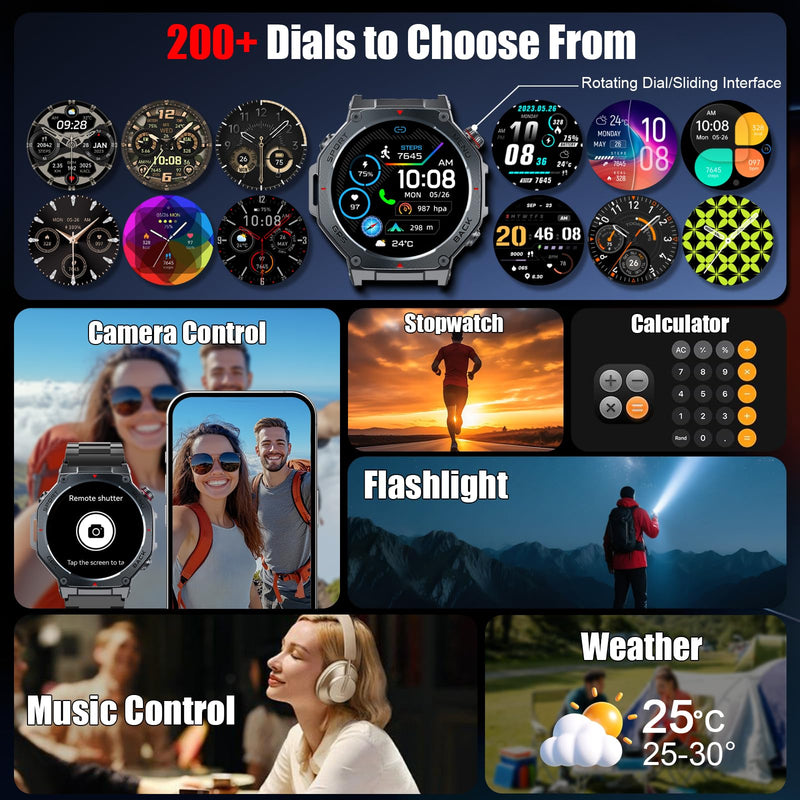 Jugeman Military Smart Watch for Men GPS with LED Flashlight-Dark Black | 1.43" AMOLED Display, 5ATM Waterproof, Compass, Fitness Tracker, Heart Rate/Sleep/Blood Oxygen, Watches for Android/iPhone