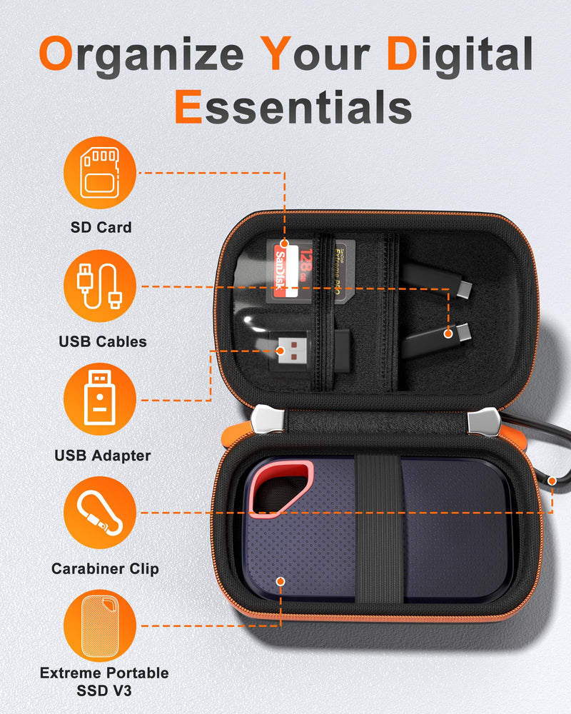 ProCase Hard Case for SanDisk Extreme Portable SSD V3 New Model SDSSDE70 | EVA Shockproof Travel Carrying Case with 2 SD Card Slots & Mesh Pocket, Fits 1TB 2TB 4TB, Hard Drive Case, Orange Black