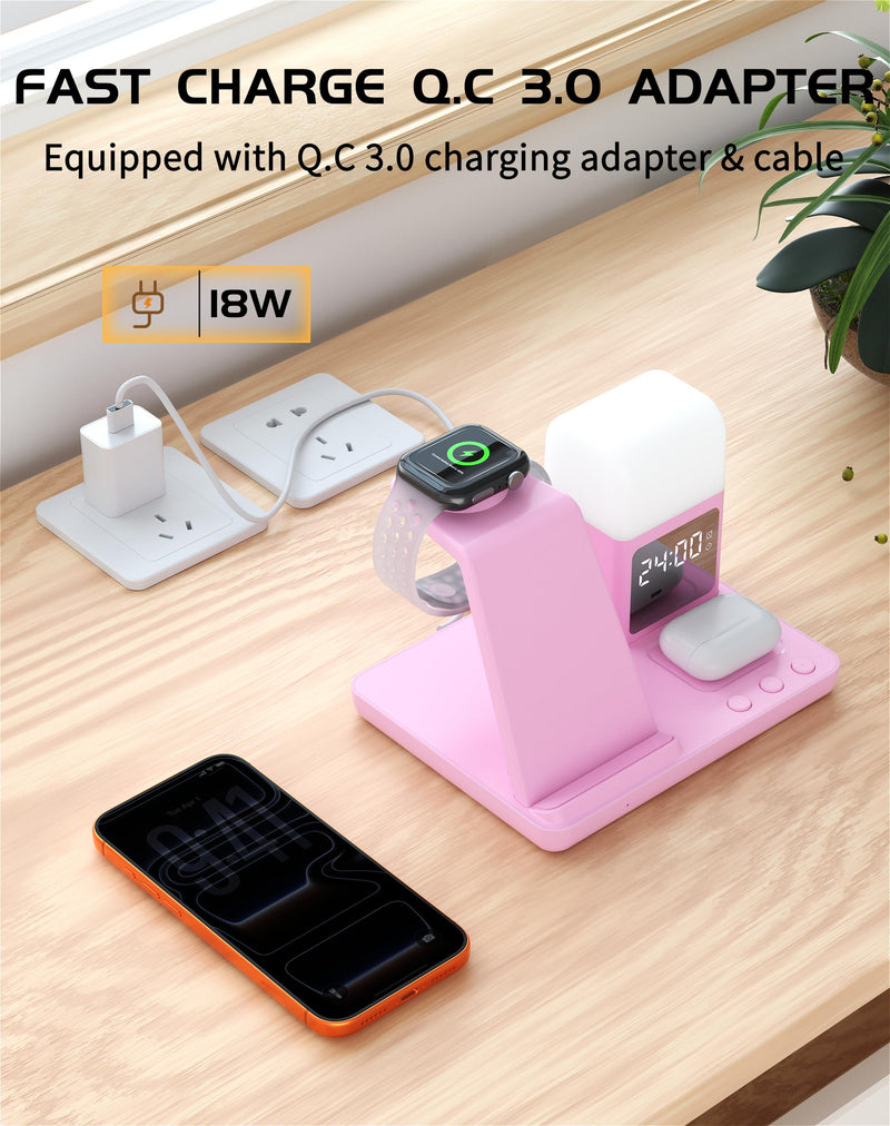 Wireless Charger for iPhone, 6in1 Fast Phone Charger Stand Dock Alarm Clock Night Light, Wireless Charging Station for Apple Watch, for Airpods 3/2/Pro, for iPhone 17/1615/14/13/12/11/Pro/Max (Pink) Pink