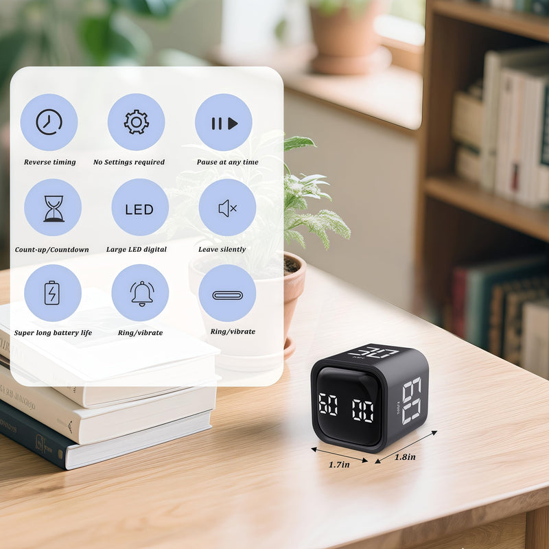 2Pcs Rotating Pomodoro Timer 5,10,30, 60 Minutes Preset,Desk Productivity Flip Timer, Visual Cube Countdown Stopwatch,Custom Modes/Vibration/High/Low Volume,ADHD Timers, for Study, Work, Kitchen Black-2pcs