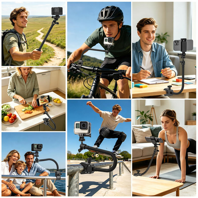 Action Camera Mount, Gooseneck Mount for Camera with Jaws Flex Clamp, Compatible with GoPro Hero, DJI Osmo, Insta360, and Other Action Cameras, with Adjustable Arm for Vlogging and Video Recording