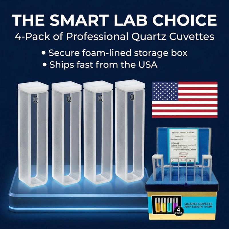 Quartz Cuvettes 4-Pack, UV-Vis-NIR 190–2500 nm, Standard 10 mm Path, 3.5 mL Capacity, 2 Polished & 2 Frosted Sides with PTFE Stoppers, by Lifestyle Visions