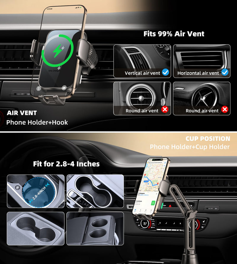 Dual Coil 15W Cup Phone Holder Mount,Wireless Car Charger Auto-Clamping Fast Charging Vent Phone Holders for Your Car for iPhone Series,Samsung Flip S24 S23 S22 Ultra (Grey-Black)