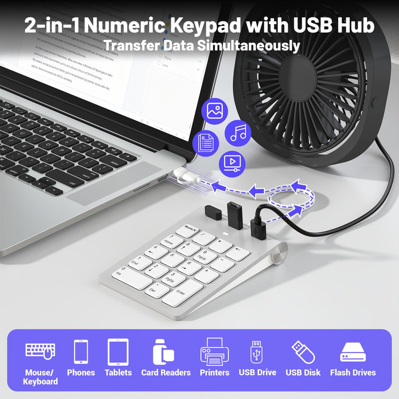 2 in 1 USB & USB-C Number Pad with USB Hub for Laptop/PC, 15° Ergonomic | Wired Numeric Keypad for MacBook/Laptop/Desktop/Surface/iPad, Plug & Play 18 Keys Numpad for Windows, macOS & Chrome OS