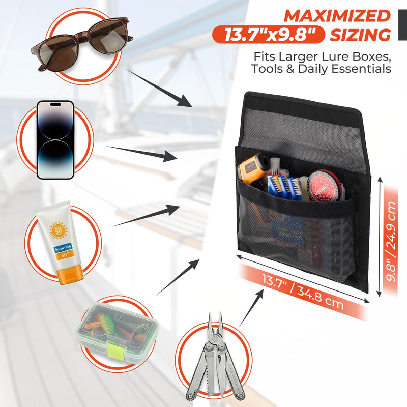Boat Storage Mesh Bag with Secure Closure Flap - 13.7" x 9.8" - Upgraded Leak-Proof Design/Adhesive Backing/Perfect Boat Organizer-Boat Accessories-Keeps Contents Secure in Rough Waters 1