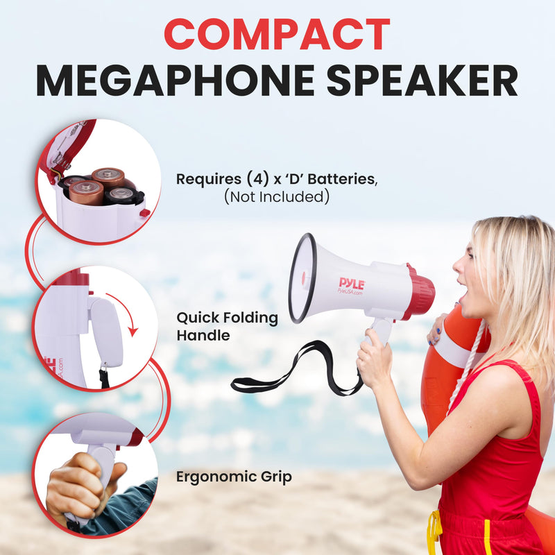 Pyle 30W Megaphone Bullhorn with Built-in Siren, Voice Recorder, and 1700-Yard Range, Featuring Adjustable Volume Control, Ergonomic Pistol Grip, and Convenient Folding Handle for Indoor/Outdoor Use