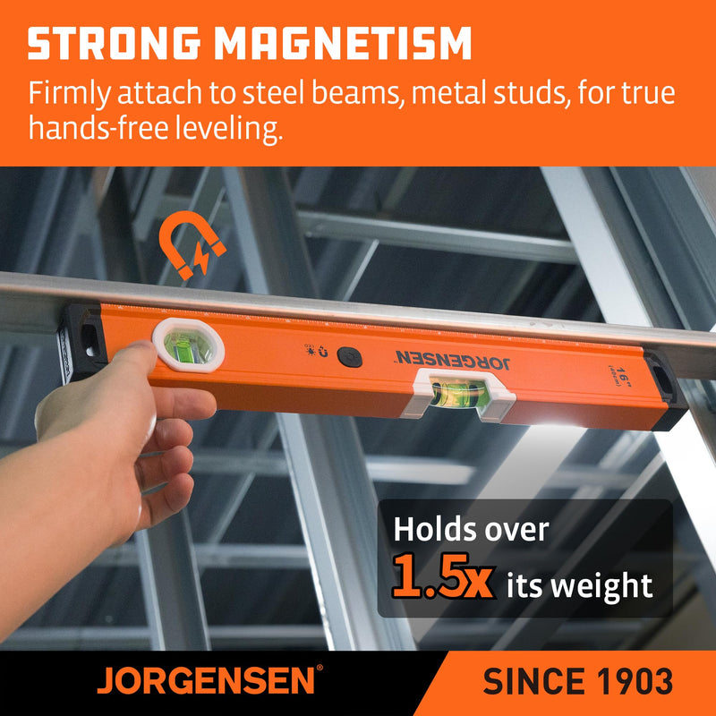 JORGENSEN 16 in. Magnetic LED Lighted Box Level with 90°/180° Bubble Vials, Illuminated leveler tool, Shockproof Rubber End Caps, Metric & Imperial Scale, Aluminum Frame, for Home Installations & DIY 16 inch