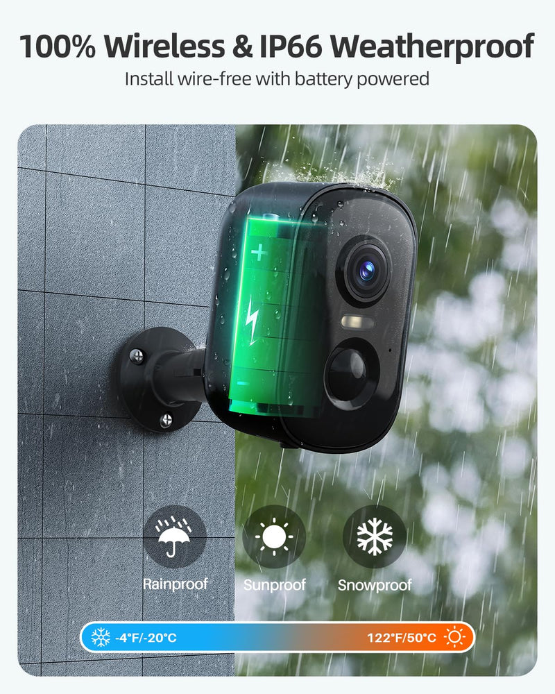 2K Security Cameras Wireless Outdoor, 2 Pack Battery Powered WiFi Cameras for Home Security with AI Motion Detection, Spotlight Color Night Vision, 2-Way Talk, Siren Alarm, IP65, Cloud/SD Storage Black 2 Pack