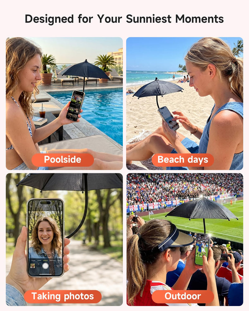 Magnetic Cell Phone Umbrella for Sun, Universal Anti-Glare Umbrella for iPhone UPF45+ Heat UV Protection, Outdoor Anti-Reflective Sun Visor for Cellphone/Android/Kindle Vacation Essentials Black