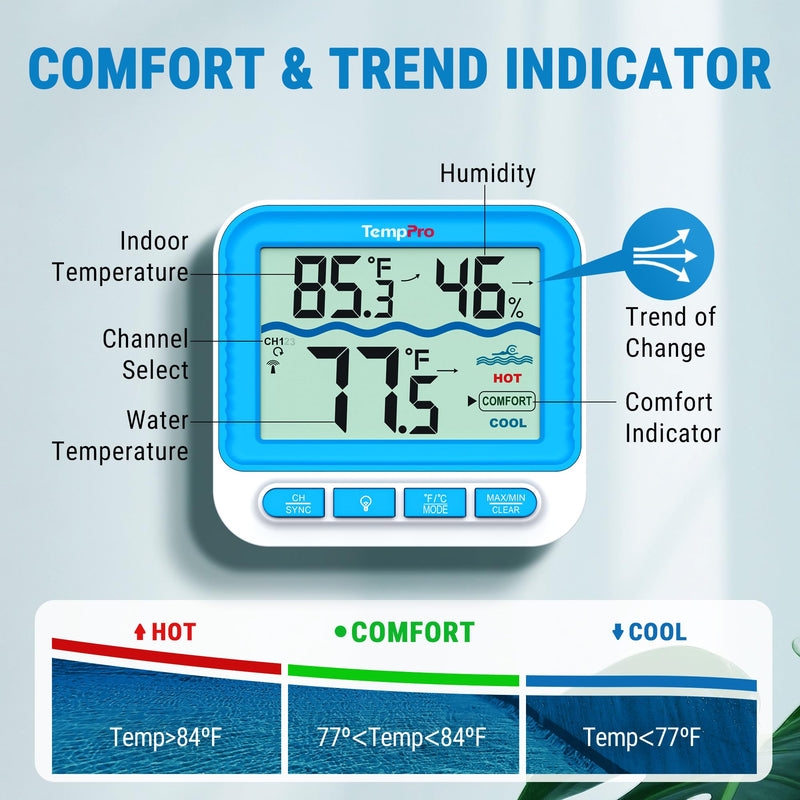 TempPro Waterproof Wireless Pool Thermometer Easy Read, Digital Pool Thermometer Floating for Swimming Pool, Hot Tub, Cold Plunge, Pond, Upgraded IPX8 Water Temperature Monitor (Previously ThermoPro) 1