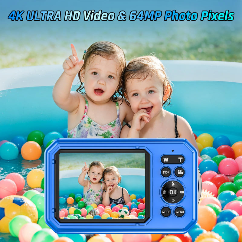 4K Underwater Camera 64MP 33FT Waterproof Camera with 32GB Card | Dual-Screen, 16X Zoom, Autofocus, Floatable, 1500mAh Battery, Fill Light, Ideal for Snorkeling, Swimming, Travel Blue