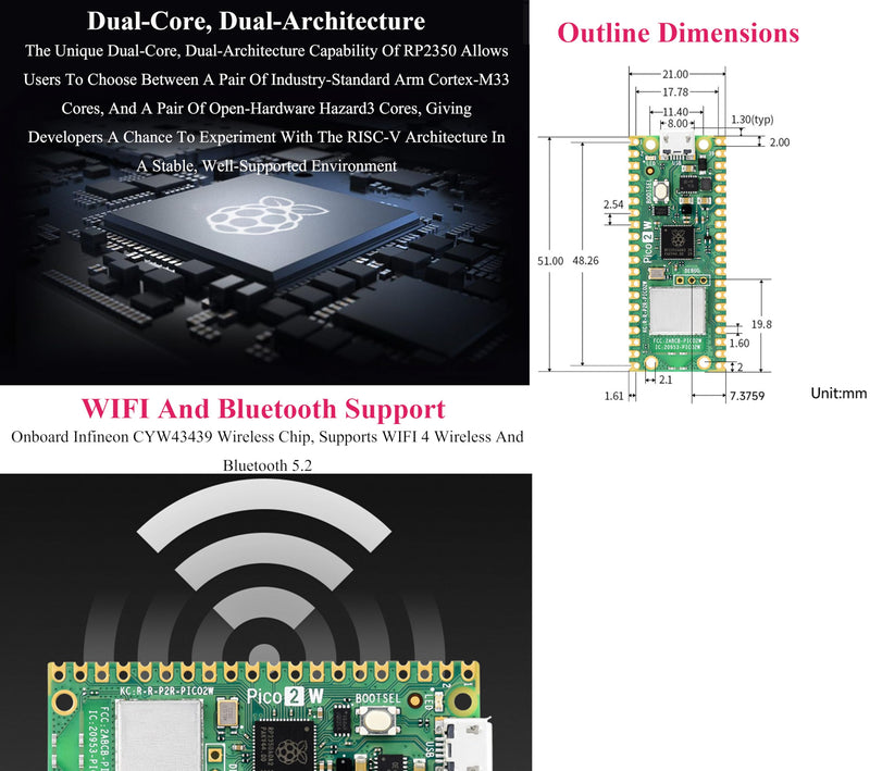 (2PCS) Pico 2 W with Color-Coded Pre-Soldered Header Compatible with Raspberry Pi Pico 2 W Microcontroller, 2.4GHz 802.11n Wireless LAN WIFI4 and Bluetooth 5.2, RP2350 Dual-Core& Dual-Architecture