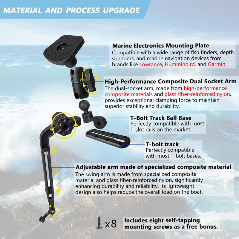 Kayak Fish Finder Mount with Transducer Mounting Arm, Compatible with Garmin Striker 4, Lowrance Fish Finders,with Kayak Track Mounting Plate-C-1