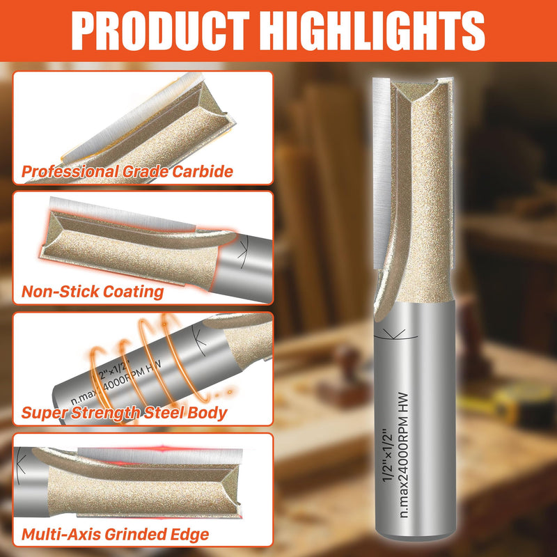 EASEWORK TOOL 1/2" Shank Straight Router Bit, Professional-Grade Carbide Tipped, 1/2" Cutting Diameter × 3" Cutting Depth for Woodworking Grooving, Dadoing & Edge Routing 1/2"(Dia.)*3"(Depth)