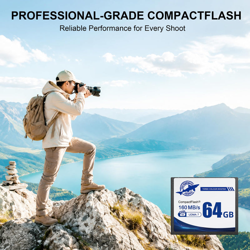Dogfish Compact Flash Memory Card 64GB, UDMA 7 Speed Up to 160MB/s | CF Cards for High-Speed Burst Shooting, VPG-65 for Professional DSLR Cameras & 4K Video Recording CompactFlash card