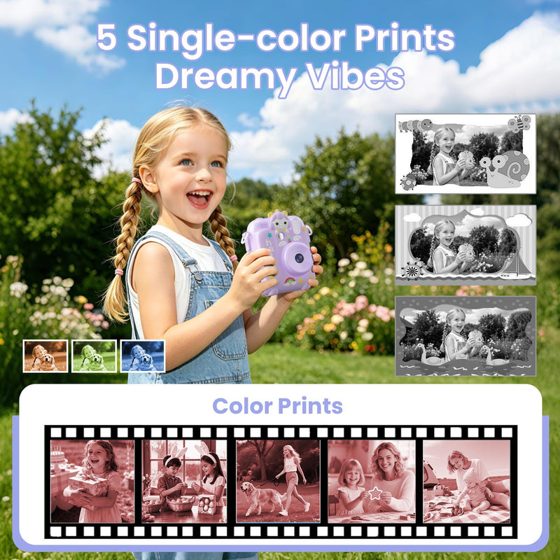 Kids Camera Instant Print, 3 4 5 6 7 8 9 10 11 Year Old Girl Birthday Gift | 1080P HD Video Digital Instant Camera for Kids with Silicone Cover & 5 Rolls of Printer Paper (Purple) Purple