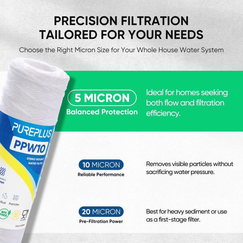 PUREPLUS 5 Micron 10"x2.5" Whole House String Wound Sediment Filter for Well Water, Replacement Cartridge for Universal 10 inch RO System, WP-5, Aqua-Pure AP110, CFS110, Culligan P5, WFPFC4002, 4Pack 10"*2.5" 4 Count (Pack of 1)