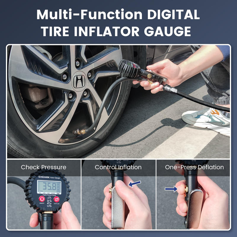 Digital Tire Pressure Gauge with Inflator: ENDARK 250 PSI Air Compressor Attachment Inflation Gun with Heavy Duty 360° Air Chuck & Extended Hose and Quick Connect Coupler