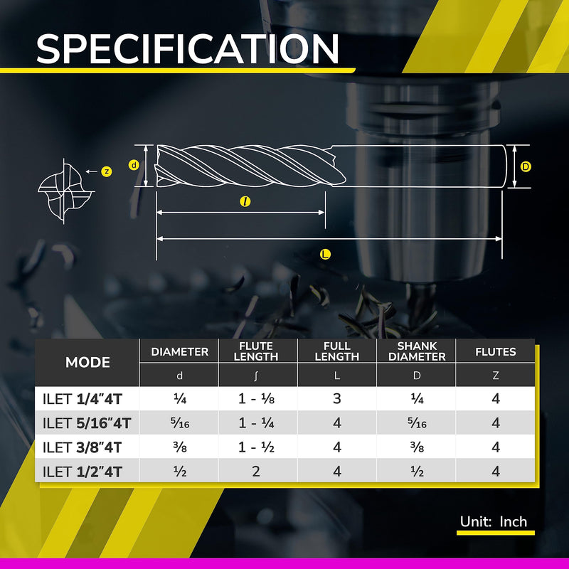 SPEED TIGER Micrograin Carbide Square Long Flute End Mill - 5/16" Diameter 1-1/4" Flute Length, 4" OVL, 4 Flutes - ILET (1 Piece, 5/16") - for Alloy Steels, Hardened Steel & Metal– Mill Bits Sets 5/16 in