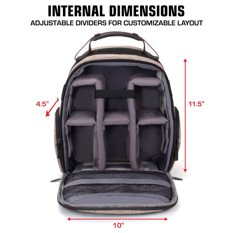USA Gear Portable Camera Backpack for DSLR with Customizable Accessory Dividers, Weather Resistant Bottom and Comfortable Back Support - Compatible with Canon, Nikon, Sony, Fujifilm, and More (Brown) Compact Brown