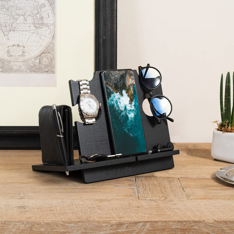 LAC Wood Phone Docking Station - Nightstand Organizer for Men Cell Phone, Watch, Wallet - Birthday Gift Men, Dad or Husband