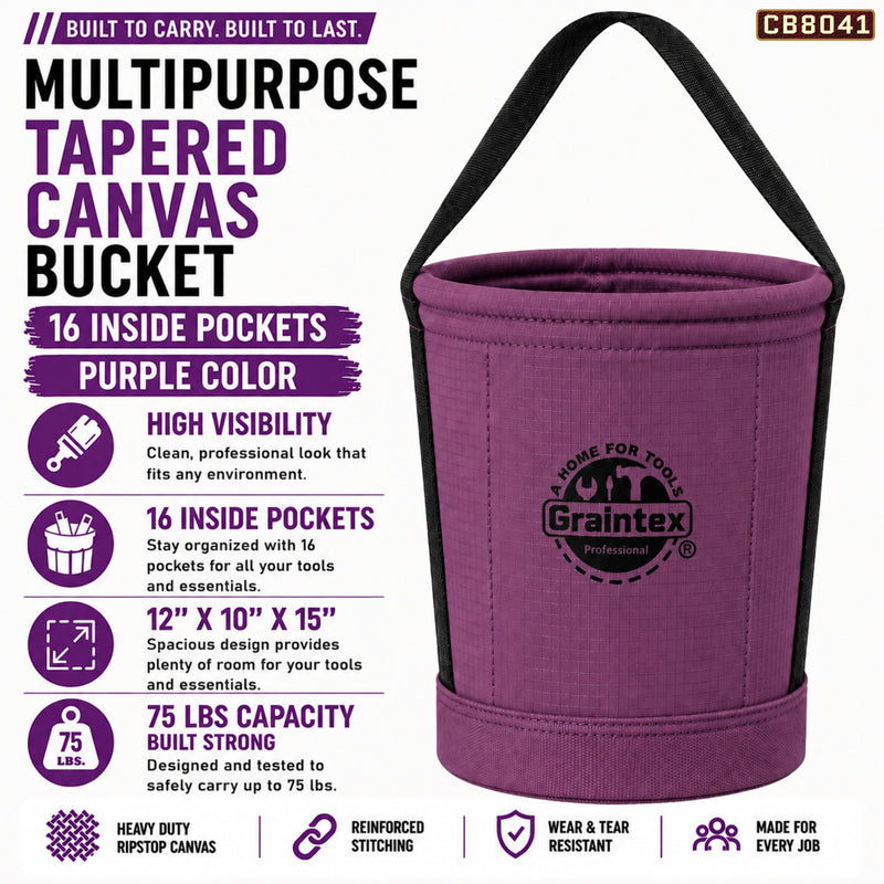 Graintex Tapered Canvas Bucket 12"x10"x15", Utility Tool Bucket 16 Inside Pockets, Reinforced Base & Carry Handle, Ripstop Canvas, Multi-Purpose Bag for Jobsite & Home Use for Tool Storage Solutions Purple