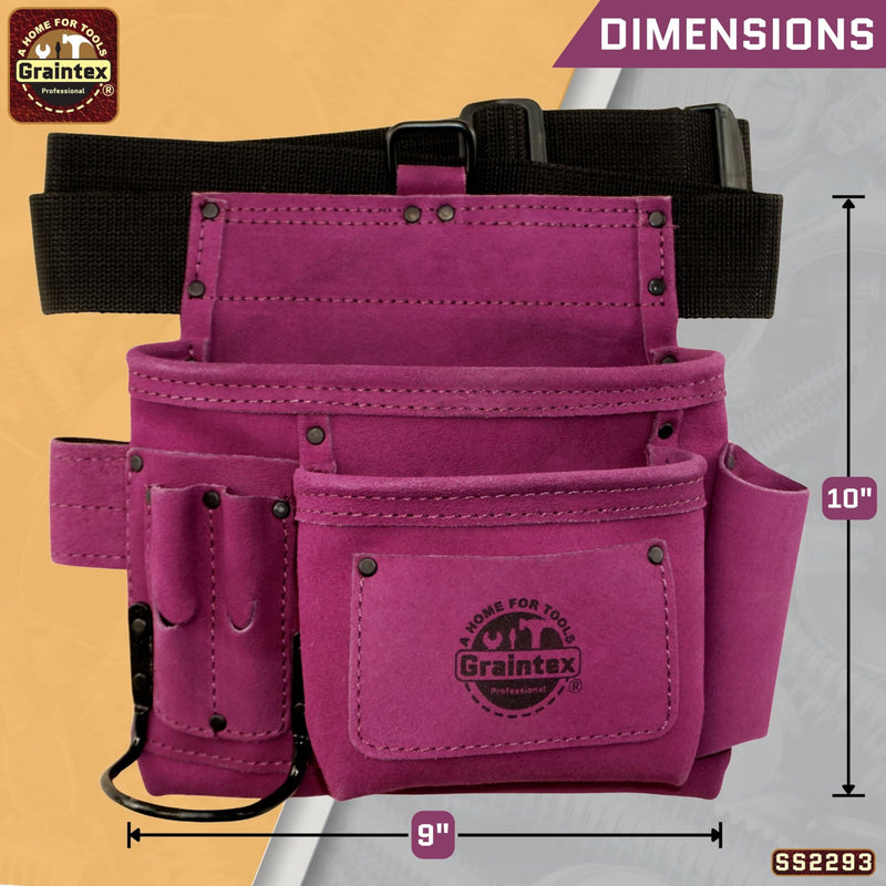 Graintex 5 Pocket Suede Leather Tool Belt/Bag | Purple | Multipurpose Leather Tool Belt for Women and Men | Construction, Electrician, Handymen, Carpenter, Gardening Pouch and DIY Projects