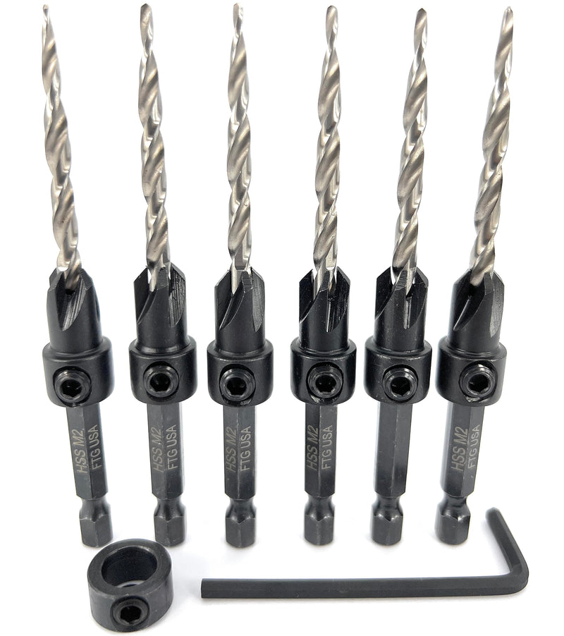 FTG USA 6 Pc #8 (11/64") Countersink Drill Bit Set with Tapered Drill Bits | 6 counter sink drill bit for wood, all same size. Includes 1 depth stop 3/8", 1 hex key; pre-drill woodworking boring tool Same Sort 6 Pc